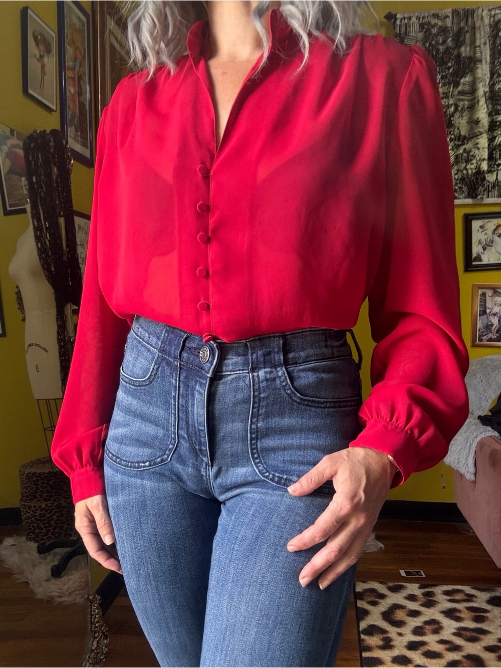 Vintage Red Puff Sleeve Sheer Oversized Blouse Top